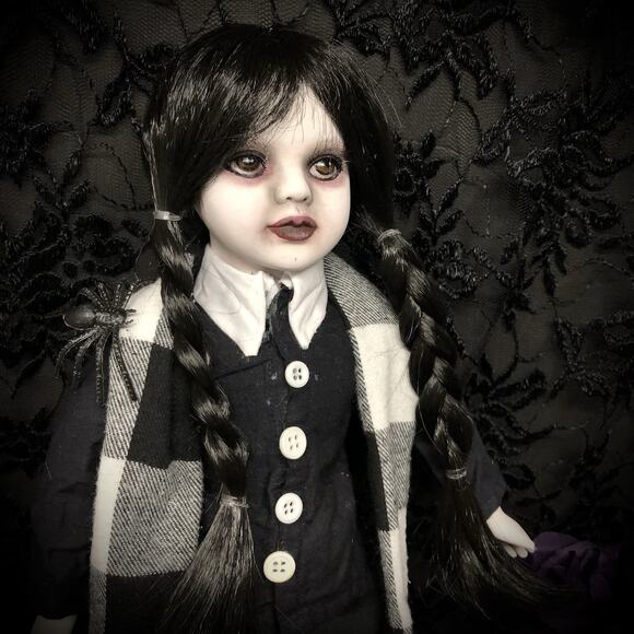OOAK Creepy Odd 16” Wednesday Addams Halloween Inspired Artist Fan Art Doll - Picture 2 of 16